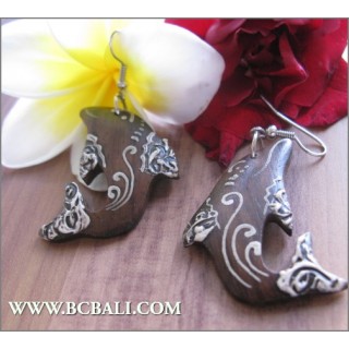 Bali Wood Earrings Dolphin Painting Carving